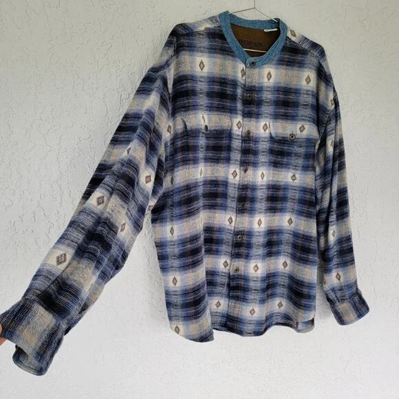Fryday Club Button Down Shacket Mens Size XXL Blue White Plaid Aztec Cotton Long - Picture 4 of 9